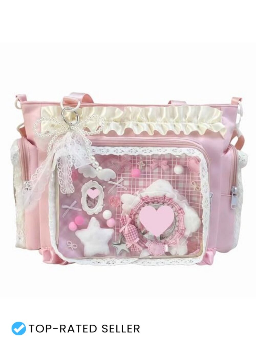Ita Crossbody Tote with Pin Display, Messenger Shoulder Bag, Lace Ruffle Nylon,